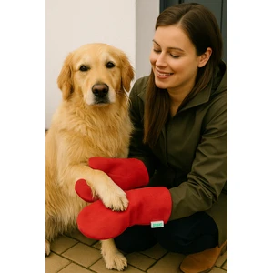 Köpek Pati Kurulama Eldiveni, 2 Katlı Süper Su Emici Mikrofiber, 1 Çift, Kırmızı