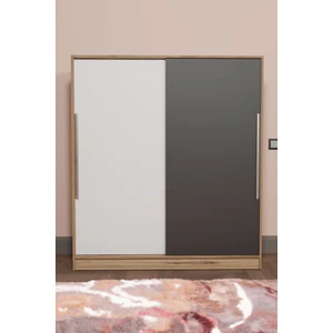 AE-4001 Zambak Sürgülü Dolap Çok Raflı Çekmeceli Askılı Çam Kasalı (Beyaz-Gri Kapaklı) Gardırop