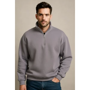 Regular Fit Dik Yaka Yarı Fermuarlı Şardonlu Gri Erkek Sweatshirt - Prime