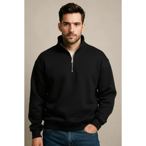 Regular Fit Dik Yaka Yarı Fermuarlı Şardonlu Siyah Erkek Sweatshirt - Prime