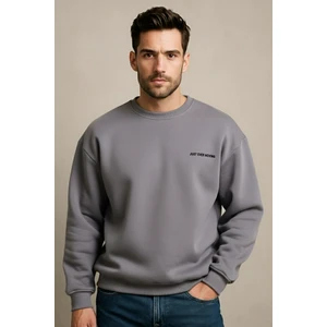 Bisiklet Yaka Nakışlı Şardonlu Içi Polarlı Gri Erkek Sweatshirt - Volar
