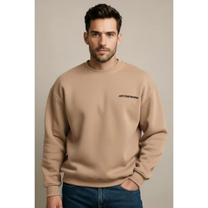 Bisiklet Yaka Nakışlı Şardonlu Içi Polarlı Vizon Erkek Sweatshirt - Volar