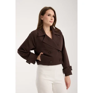 Acı Kahve Kruvaze Yaka Crop Trençkot