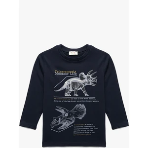 Pamuklu Uzun Kollu Bisiklet Yaka Dinozor Baskılı Tişört