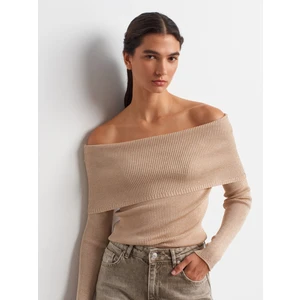 10808 Bardot Yaka Fitilli Simli Triko Kazak-Bej