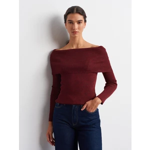 10808 Bardot Yaka Fitilli Simli Triko Kazak-Bordo