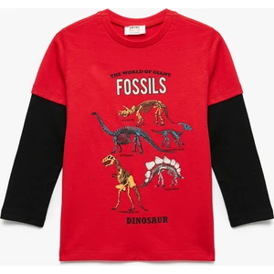 Dinozor Baskılı Uzun Kollu Pamuklu Bisiklet Yaka Tişört