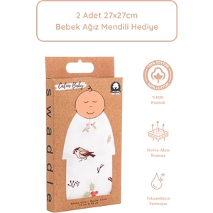 Caline Baby %100 Pamuk Premium & Hafif Müslin Bezi Örtüsü I 90x75 cm I Mavi I Kuş Desenli &  2 Adet Ağız Mendili 27x27cm