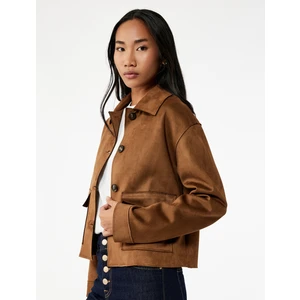 Klasik Gömlek Yaka Düğmeli Cepli Uzun Kollu Crop Suni Süet Ceket