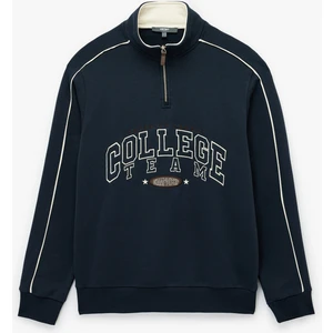 Uzun Kollu Kolej Nakışlı Renk Kontrastlı Şardonlu Yarım Fermuarlı Sweatshirt