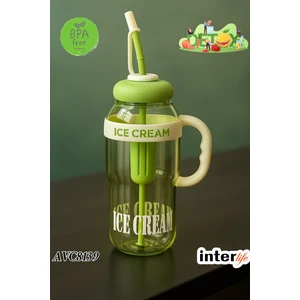 Ice Cream Yazılı Detoks Su Şişesi Filtreli Başlık Pipetli Kulplu Hafif ve Sızdırmaz Big Mug 1300 ml