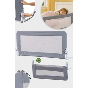 Wellgro Premium 120X65 cm Deri Kılıflı Yatak Bariyeri, Katlanır Yatak Korkuluğu, Gri