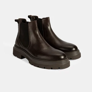 Erkek Kahve Lastik Detaylı Deri Bot