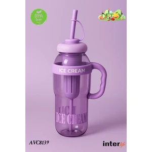 Ice Cream Yazılı Detoks Su Şişesi Filtreli Başlık Pipetli Kulplu Hafif ve Sızdırmaz Big Mug 1300 ml