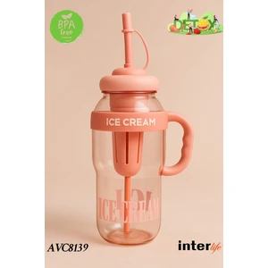 Ice Cream Yazılı Detoks Su Şişesi Filtreli Başlık Pipetli Kulplu Hafif ve Sızdırmaz Big Mug 1300 ml