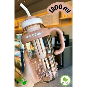 Ice Cream Yazılı Detoks Su Şişesi Filtreli Başlık Pipetli Kulplu Hafif ve Sızdırmaz Big Mug 1300 ml