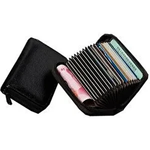 Kemer Dünyası Unisex 20 Bölmeli Siyah Fermuarlı Siyah Deri Kredi Kartlık Cüzdan