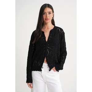 6934 Kadın Baklava Desenli Mevsimlik Ajurlu Hırka Siyah