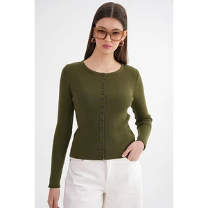 6931 Kadın Düğmeli Fitilli Triko Hırka Haki