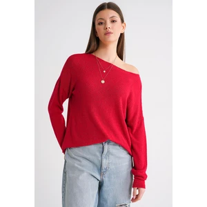 6933 Kadın Kayık Yaka Ince Mevsimlik Triko Kazak Kırmızı