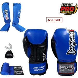 Dragon Attack 5 Plus Profesyonel Boks Eldiveni 4'lü Set Boks Eldiveni Kaval Koruyucu Bandaj Dişlik
