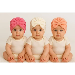 Fiyonklu Çift Kat Bebek Bone 3'lü Set-Pembe/beyaz/pudra