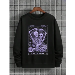 Siyah Önü Bisiklet Yaka Kalp Simgeleyen Iskelet Baskılı Sacin Rose Uzun Kol T-Shirt