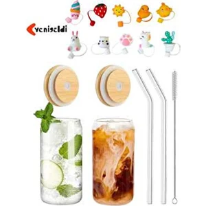 2 Adet Isıya Dayanıklı Pipetli Bambu Kapaklı Bardak 2 Pipet Kapağı 2 Cam Pipet ve 1 Fırça)