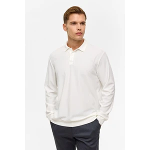 Beyaz Regular Düz Polo Yaka Sweatshirt