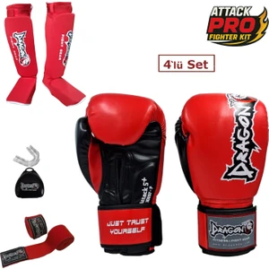 Dragon Attack 5 Plus Profesyonel Boks Eldiveni 4'lü Set Boks Eldiveni Kaval Koruyucu Bandaj Dişlik