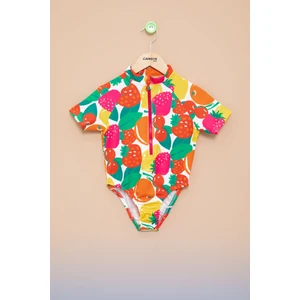 Pembe Meyve Desenli Fermuar Kapamalı Kısa Kol Kız Çocuk Mayo 21133