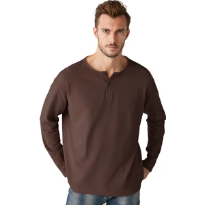 Lorenzo Erkek Özel Rustik Dokulu  %100 Organik Pamuk Düğme Detaylı Regular Acı Kahve Sweatshirt