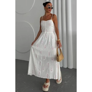 Askılı Beyaz Keten Elbise