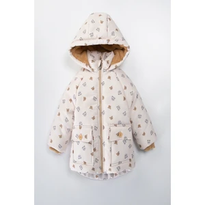 Yeni Sevimli Bear Baskılı Içi Peluş Kürklü Fermuarlı Cepli Kapüşonlu Soft Unisexs Kışlık Mont-Kaban