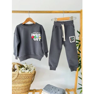 Çocuk Eşofman Takımı Inside Out Baskılı – Sweatshirt & Jogger Alt, Koyu Gri