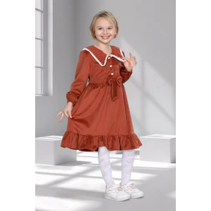 Kız Çocuk Kadife Fırfırlı Yaka Elbise - 3 - 10 Yaş - 6 Renk Seçeneği - Kiremit