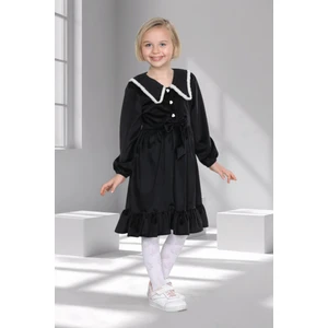 Kız Çocuk Kadife Fırfırlı Yaka Elbise - 3 - 10 Yaş - 6 Renk Seçeneği - Siyah