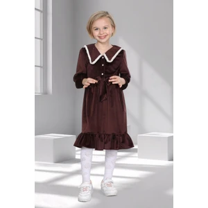 Kız Çocuk Kadife Fırfırlı Yaka Elbise - 3 - 10 Yaş - 6 Renk Seçeneği - Mor