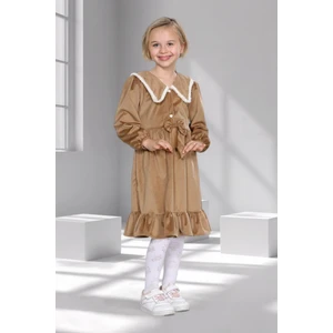 Kız Çocuk Kadife Fırfırlı Yaka Elbise - 3 - 10 Yaş - 6 Renk Seçeneği - Bej