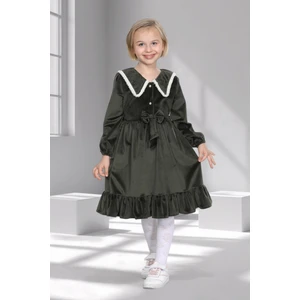 Kız Çocuk Kadife Fırfırlı Yaka Elbise - 3 - 10 Yaş - 6 Renk Seçeneği - Haki