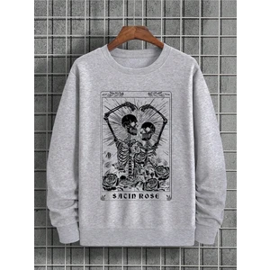 Açık Gri Önü Bisiklet Yaka Kalp Simgeleyen Iskelet Baskılı Sacin Rose Uzun Kol T-Shirt