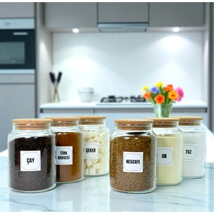 6'lı Ahşap Vakum Kapaklı Cam Un Tuz Çay Şeker Türk Kahvesi Hazır Kahve Saklama Kavanozu Seti