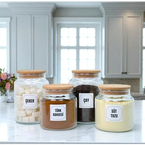 Ahşap Vakum Bambu Kapaklı Cam Çay Şeker Türk Kahvesi Süt Tozu Saklama Kavanoz Kahve Köşesi Etiket Hediyeli