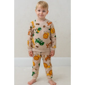 Şeker Kids Erkek Çocuk Pamuklu İki İplik Şardonlu Bej Renk Safari Desenli Pijama Takımı