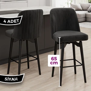 Evax Serisi 4 Adet Siyah Bar Sandalyesi 360°C Döner Bar Sandalyesi Babyface Kumaş Siyah Metal Ayaklı