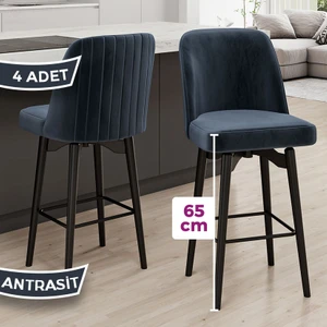 Evax Serisi 4 Adet Antrasit Bar Sandalyesi 360°C Döner Bar Sandalyesi Babyface Kumaş Siyah Metal Ayaklı