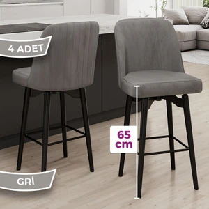 Evax Serisi 4 Adet Gri Bar Sandalyesi 360°C Döner Bar Sandalyesi Babyface Kumaş Siyah Metal Ayaklı