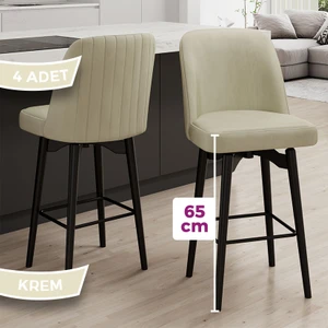 Evax Serisi 4 Adet Krem Bar Sandalyesi 360°C Döner Bar Sandalyesi Babyface Kumaş Siyah Metal Ayaklı