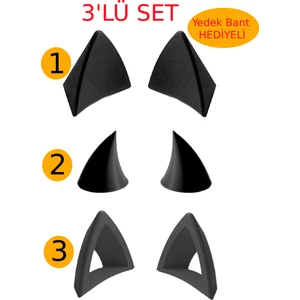 3D Fabrick Kask Süsü -3 Lü Set Kedi Kulağı,kask Boynuzu ve Rüzgar Tutmaz Kedi Kulağı Sağ Sol Takım-Siyah