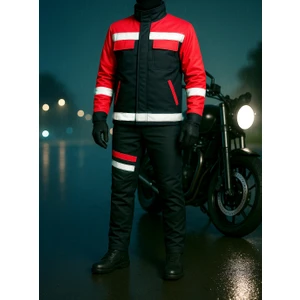 DRC Outdoor Motorcu Mont & Pantolon Takımı – Kışlık Lacivert Kırmızı, Su ve Rüzgar Geçirmez, Elyaflı, Reflektörlü